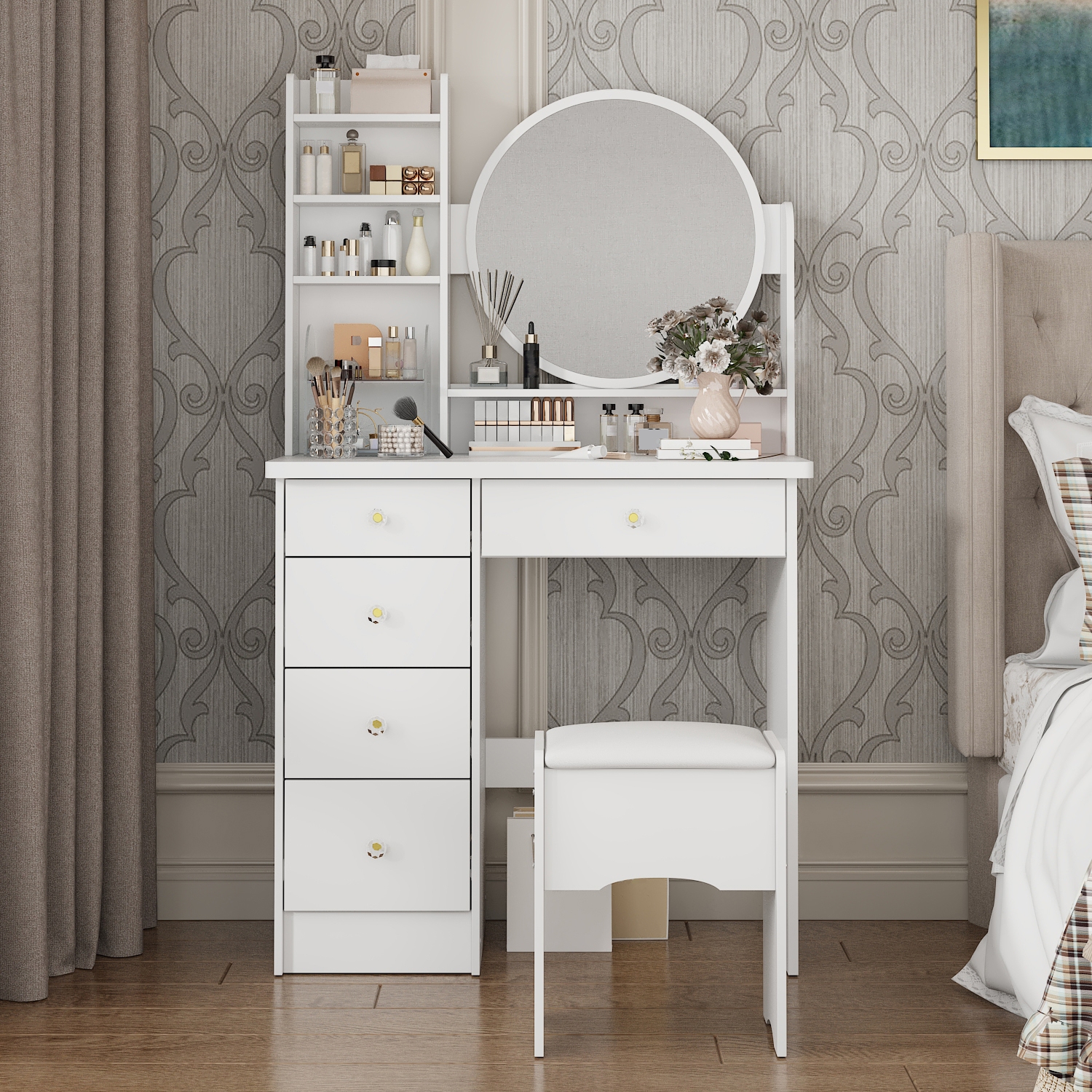 Homsee Vanity Desk Set with Large Lighted Mirror, Makeup Table with 5 Drawers, Storage Shelves & Cushioned Stool for Bedroom , White