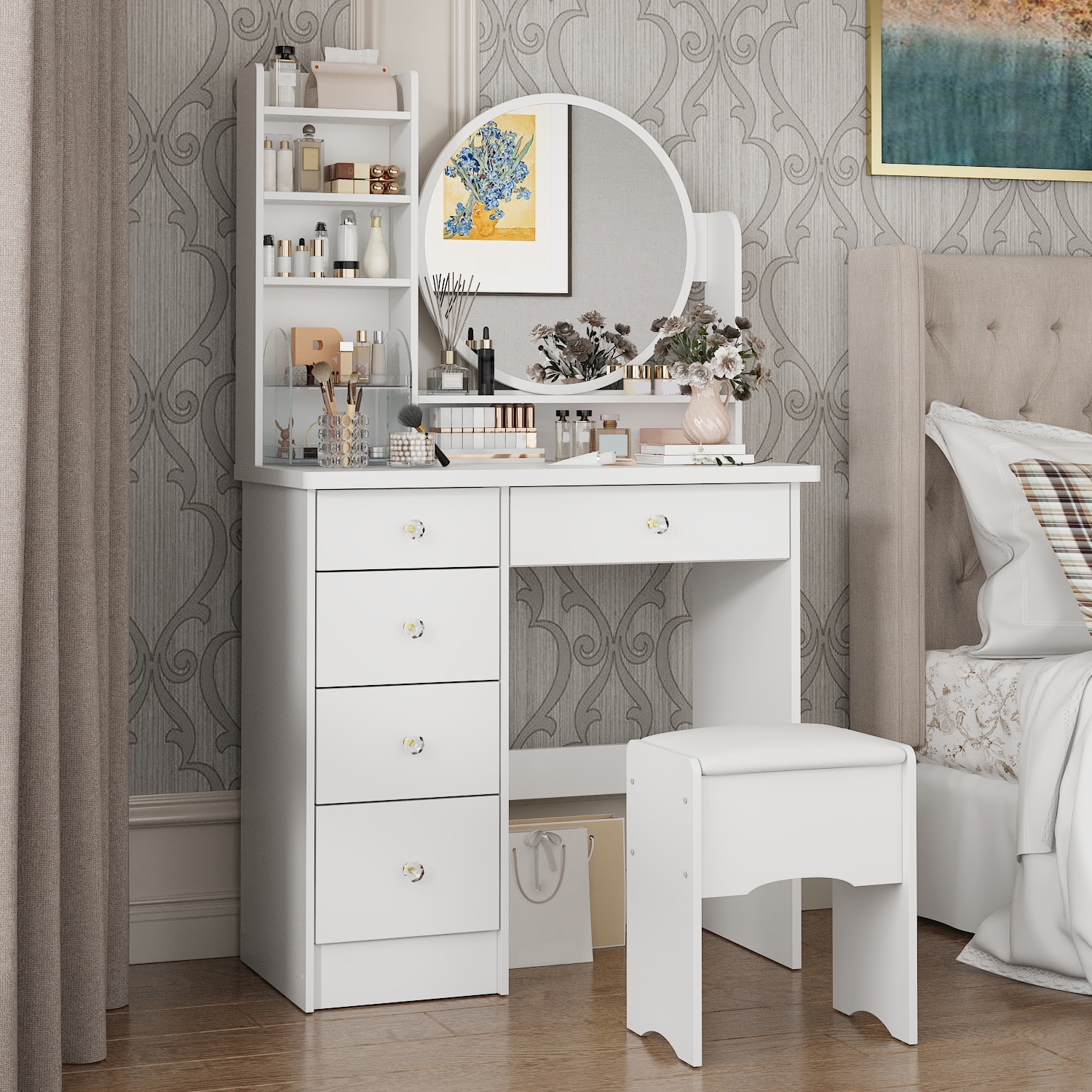 Homsee Vanity Desk Set with Large Lighted Mirror, Makeup Table with 5 Drawers, Storage Shelves & Cushioned Stool for Bedroom , White