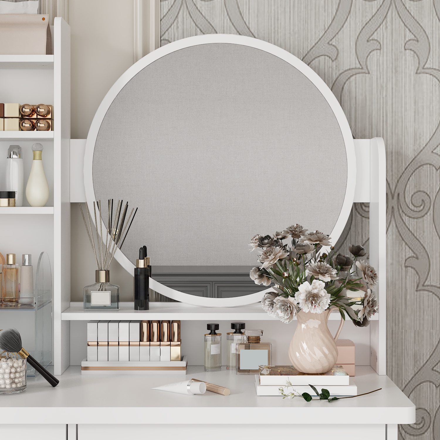 Homsee Vanity Desk Set with Large Lighted Mirror, Makeup Table with 5 Drawers, Storage Shelves & Cushioned Stool for Bedroom , White