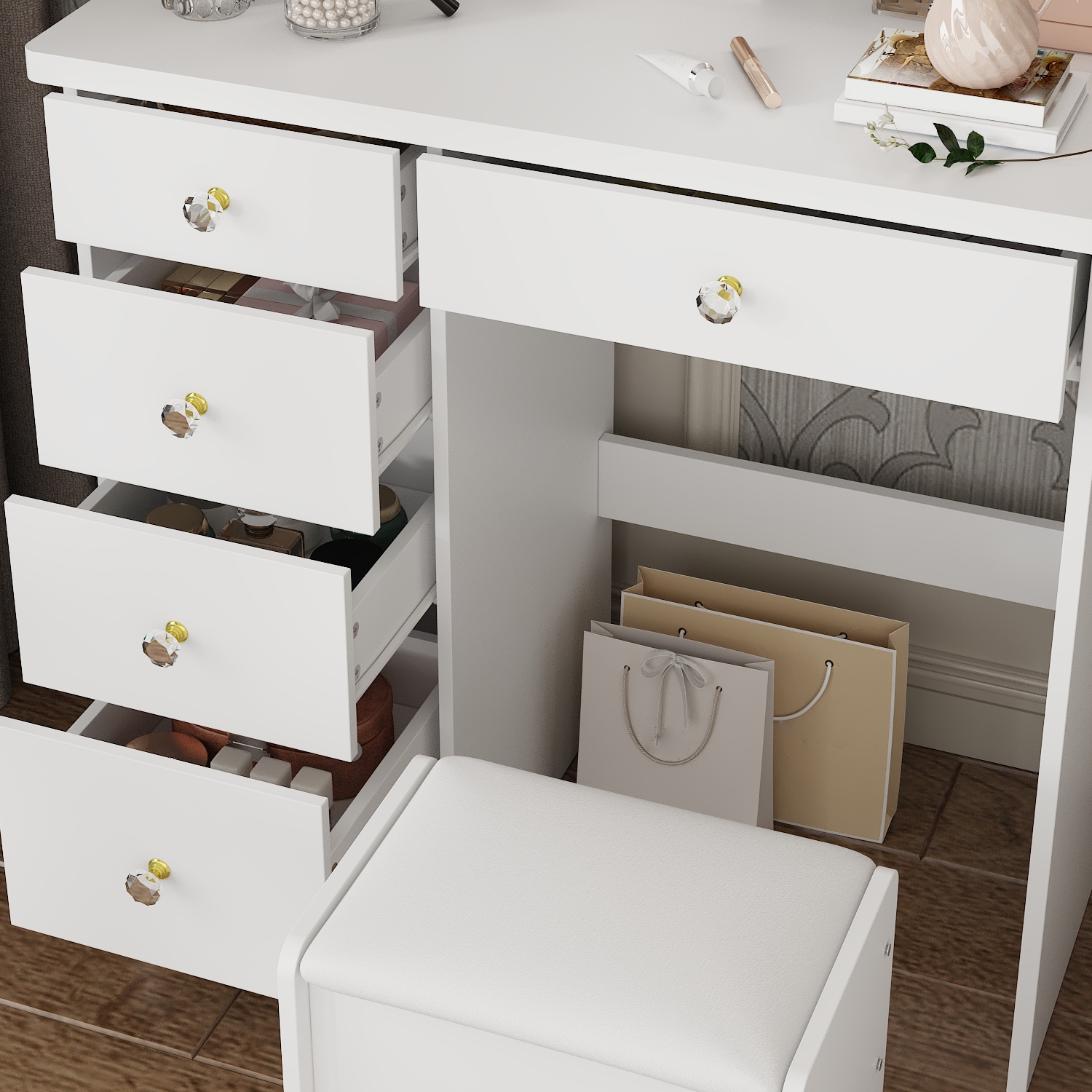 Homsee Vanity Desk Set with Large Lighted Mirror, Makeup Table with 5 Drawers, Storage Shelves & Cushioned Stool for Bedroom , White