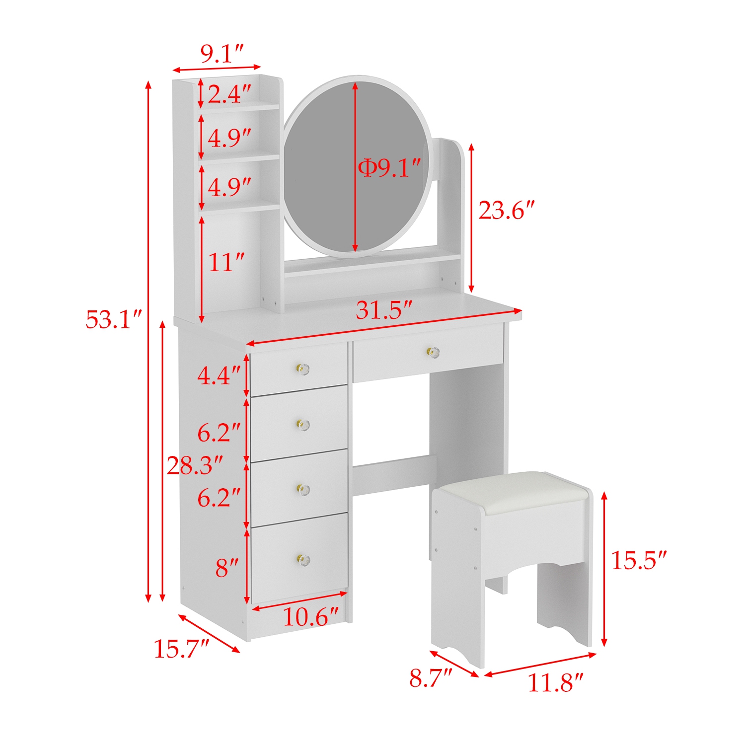 Homsee Vanity Desk Set with Large Lighted Mirror, Makeup Table with 5 Drawers, Storage Shelves & Cushioned Stool for Bedroom , White