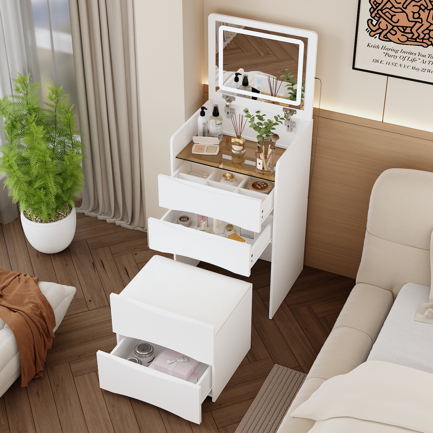 Famapy – Coiffeuse blanche avec miroir éclairé LED, éclairage réglable, tiroirs de rangement et tabouret rembourré, blanc