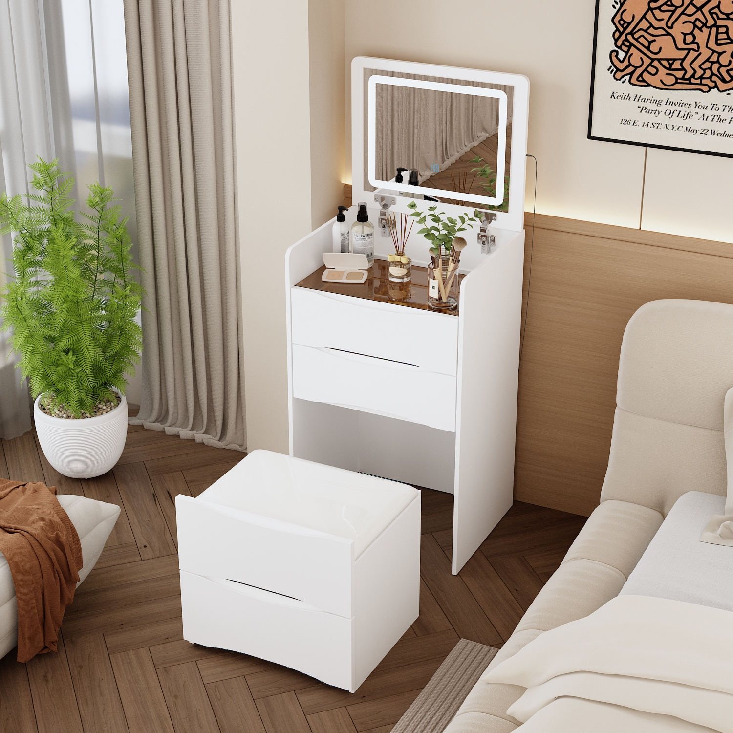 Famapy – Coiffeuse blanche avec miroir éclairé LED, éclairage réglable, tiroirs de rangement et tabouret rembourré, blanc