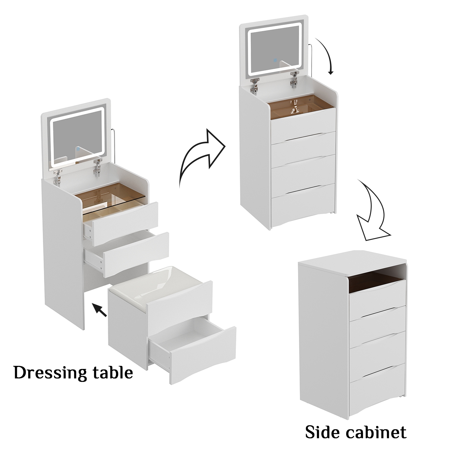 Famapy – Coiffeuse blanche avec miroir éclairé LED, éclairage réglable, tiroirs de rangement et tabouret rembourré, blanc