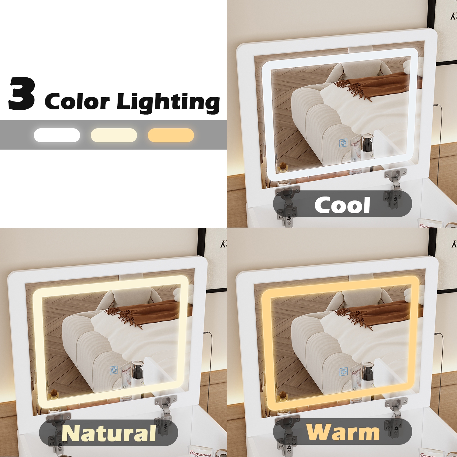 Famapy – Coiffeuse blanche avec miroir éclairé LED, éclairage réglable, tiroirs de rangement et tabouret rembourré, blanc