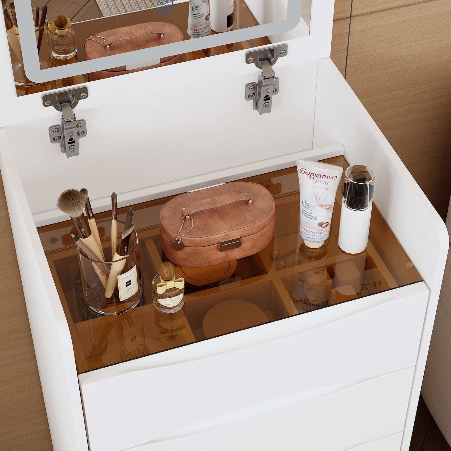 Famapy – Coiffeuse blanche avec miroir éclairé LED, éclairage réglable, tiroirs de rangement et tabouret rembourré, blanc