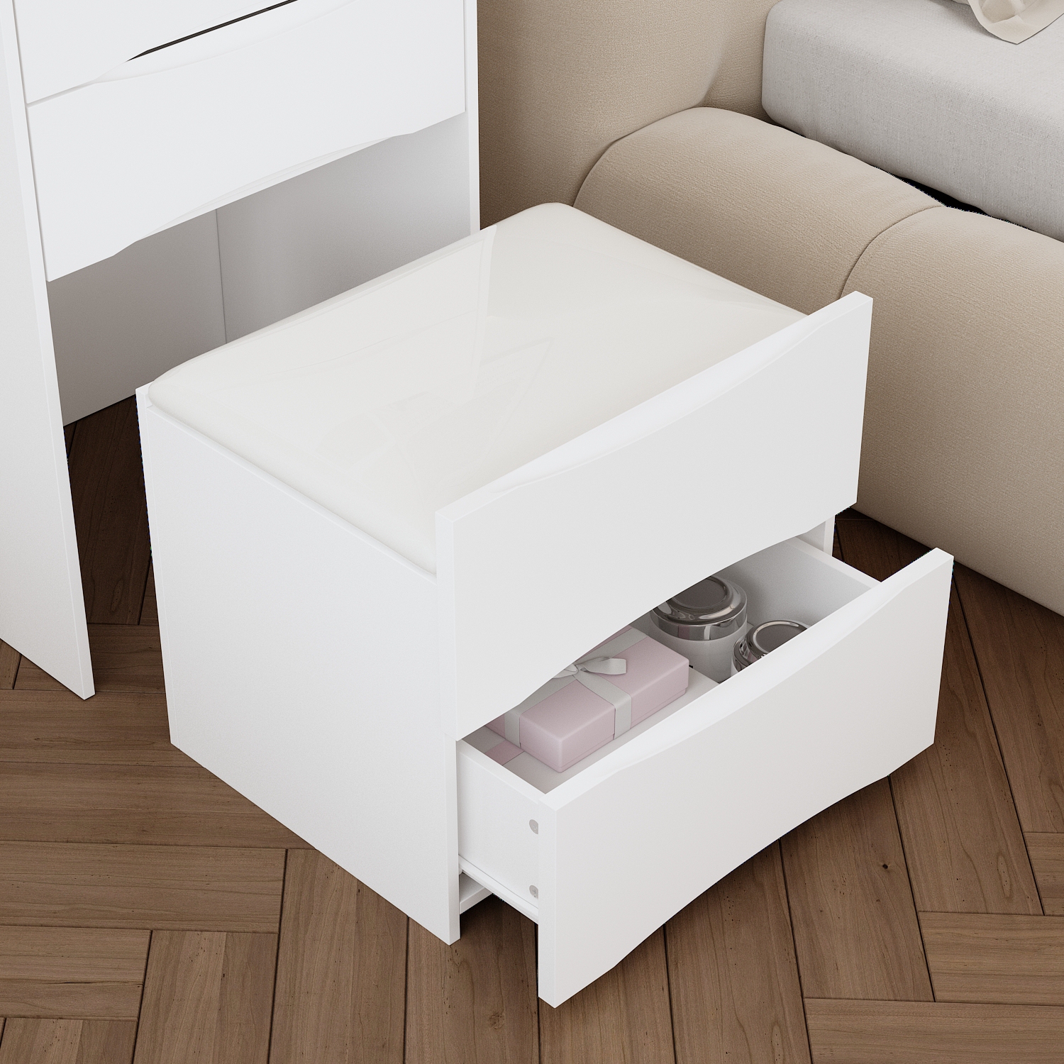 Famapy – Coiffeuse blanche avec miroir éclairé LED, éclairage réglable, tiroirs de rangement et tabouret rembourré, blanc