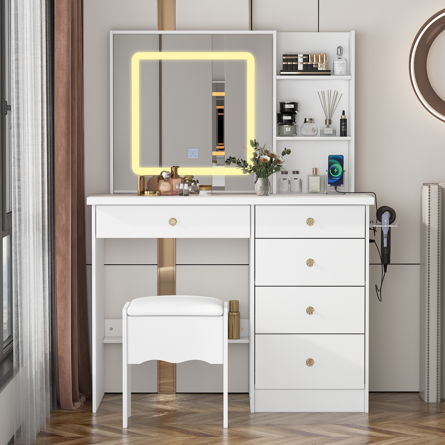Famapy – Coiffeuse avec miroir éclairé LED, tiroirs de rangement et prises d'alimentation intégrées, table de maquillage blanche avec tabouret, blanc