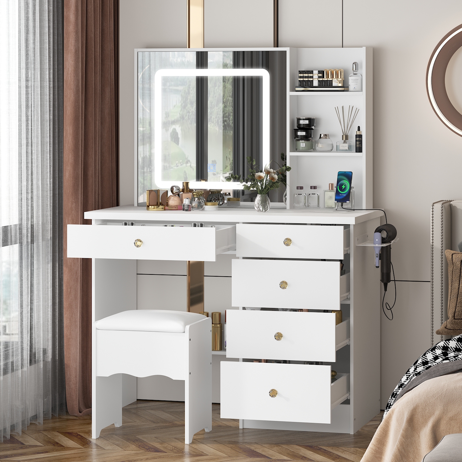 Famapy – Coiffeuse avec miroir éclairé LED, tiroirs de rangement et prises d'alimentation intégrées, table de maquillage blanche avec tabouret, blanc