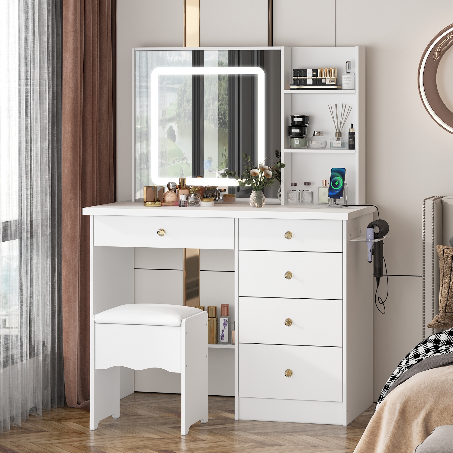 Famapy – Coiffeuse avec miroir éclairé LED, tiroirs de rangement et prises d'alimentation intégrées, table de maquillage blanche avec tabouret, blanc