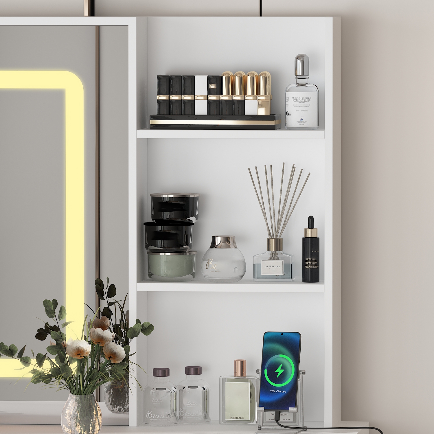 Famapy – Coiffeuse avec miroir éclairé LED, tiroirs de rangement et prises d'alimentation intégrées, table de maquillage blanche avec tabouret, blanc