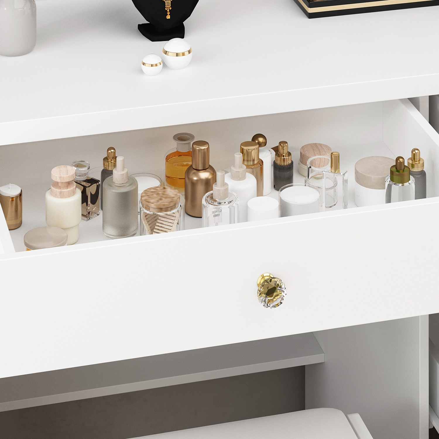 Famapy – Coiffeuse avec miroir éclairé LED, tiroirs de rangement et prises d'alimentation intégrées, table de maquillage blanche avec tabouret, blanc