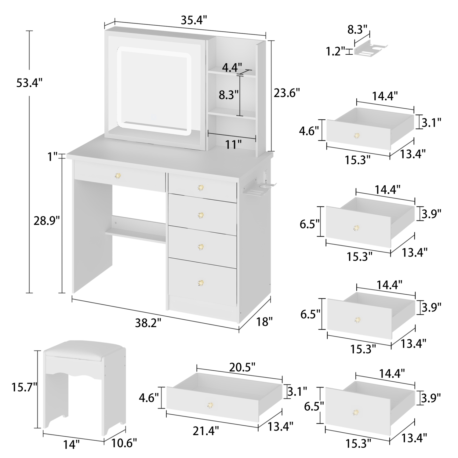 Famapy – Coiffeuse avec miroir éclairé LED, tiroirs de rangement et prises d'alimentation intégrées, table de maquillage blanche avec tabouret, blanc