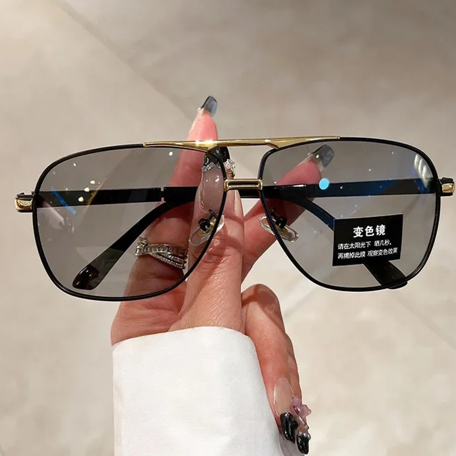 Oversized Vintage Sunglasses Men Women Fashion Polarized Photochromic Shades Eyewear Double Bridge Driving Sun Glasses - Gold