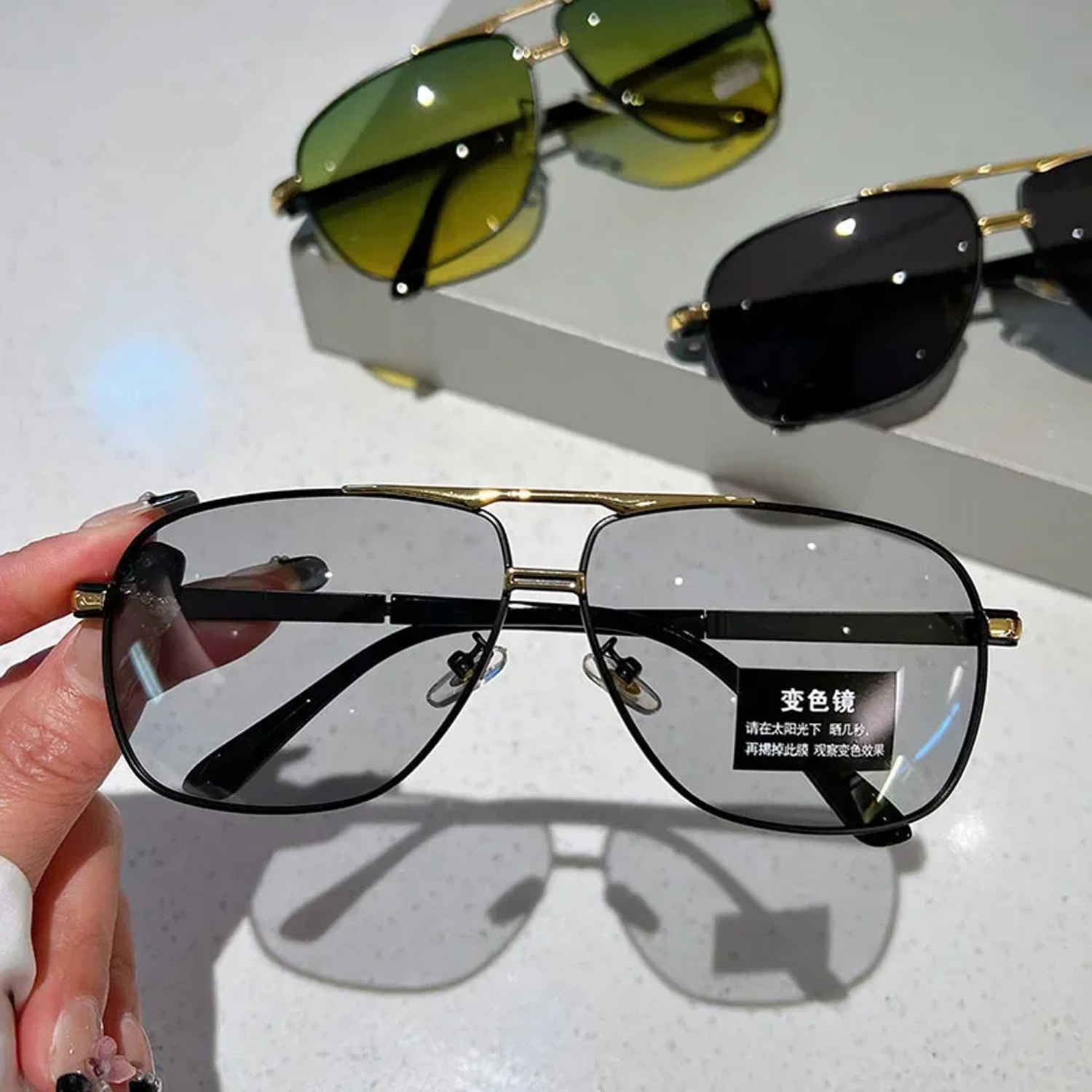 Oversized Vintage Sunglasses Men Women Fashion Polarized Photochromic Shades Eyewear Double Bridge Driving Sun Glasses - Gold