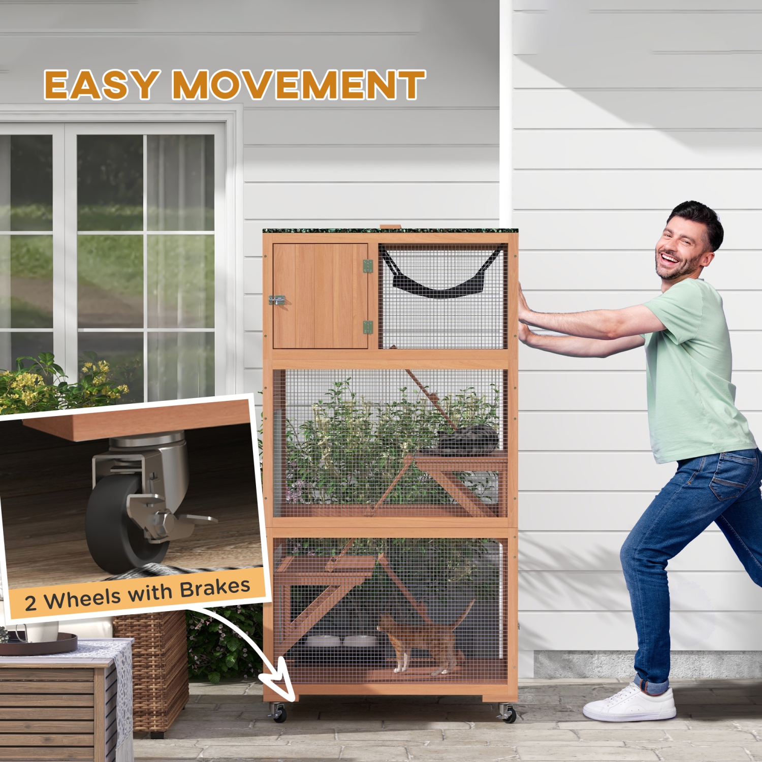 PawHut 66"H Catio on Brake Wheel, Indoor Outdoor Cat Enclosure Cage with Weatherproof Roof Hammock Multiple Platforms Resting Condo Ramps Lockable