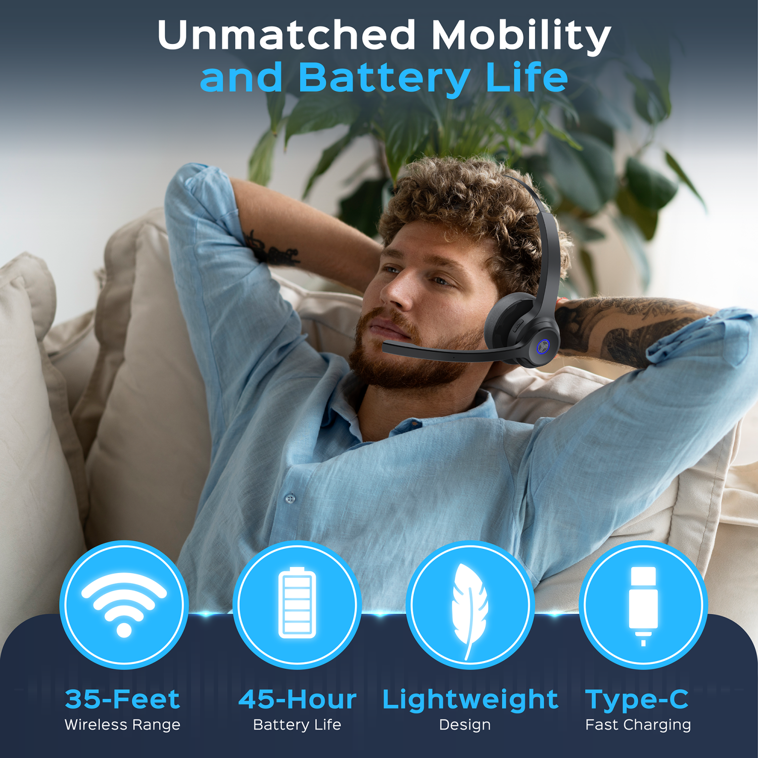 TREBLAB C7 - Single Ear Bluetooth Headset with Mic, Bluetooth 5.4, 45H Playtime, Type-C Fast Charging, IPX4 Waterproof, Wireless Bluetooth Headset