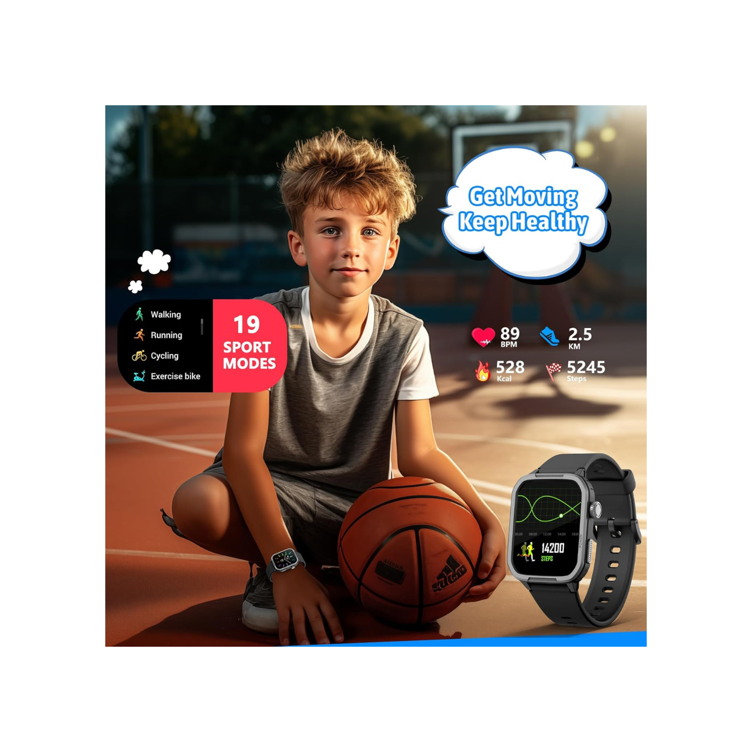 Smart Watch for Kids, Tempered Glass Fitness Sport Watch Boy Girls Teens with 19 Sport Modes, Pedometer, Sleep Monitor, Kids Watch Birthday Gifts Toy