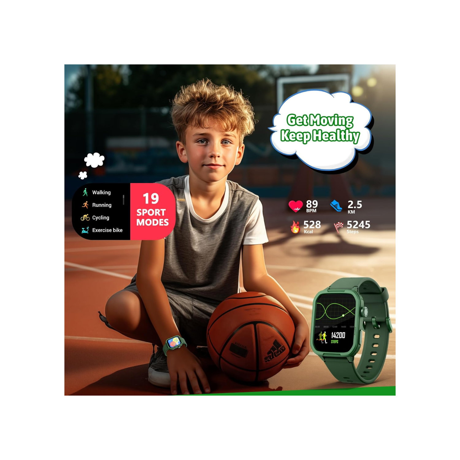 Smart Watch for Kids, Tempered Glass Fitness Sport Watch Boy Girls Teens with 19 Sport Modes, Pedometer, Sleep Monitor, Kids Watch Birthday Gifts Toy