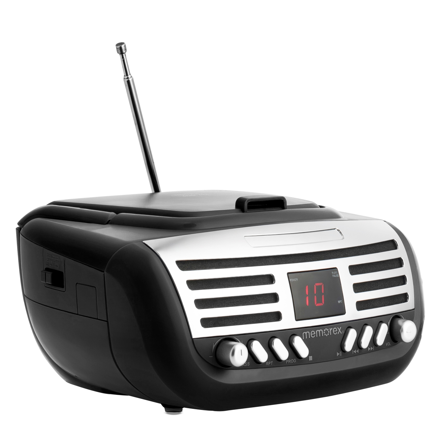 Minichaîne portative rétro CD à chargement par le haut de Memorex avec radio AM/FM stéréo en noir | Compatible CD-R/CD-RW | Écran LED | Port