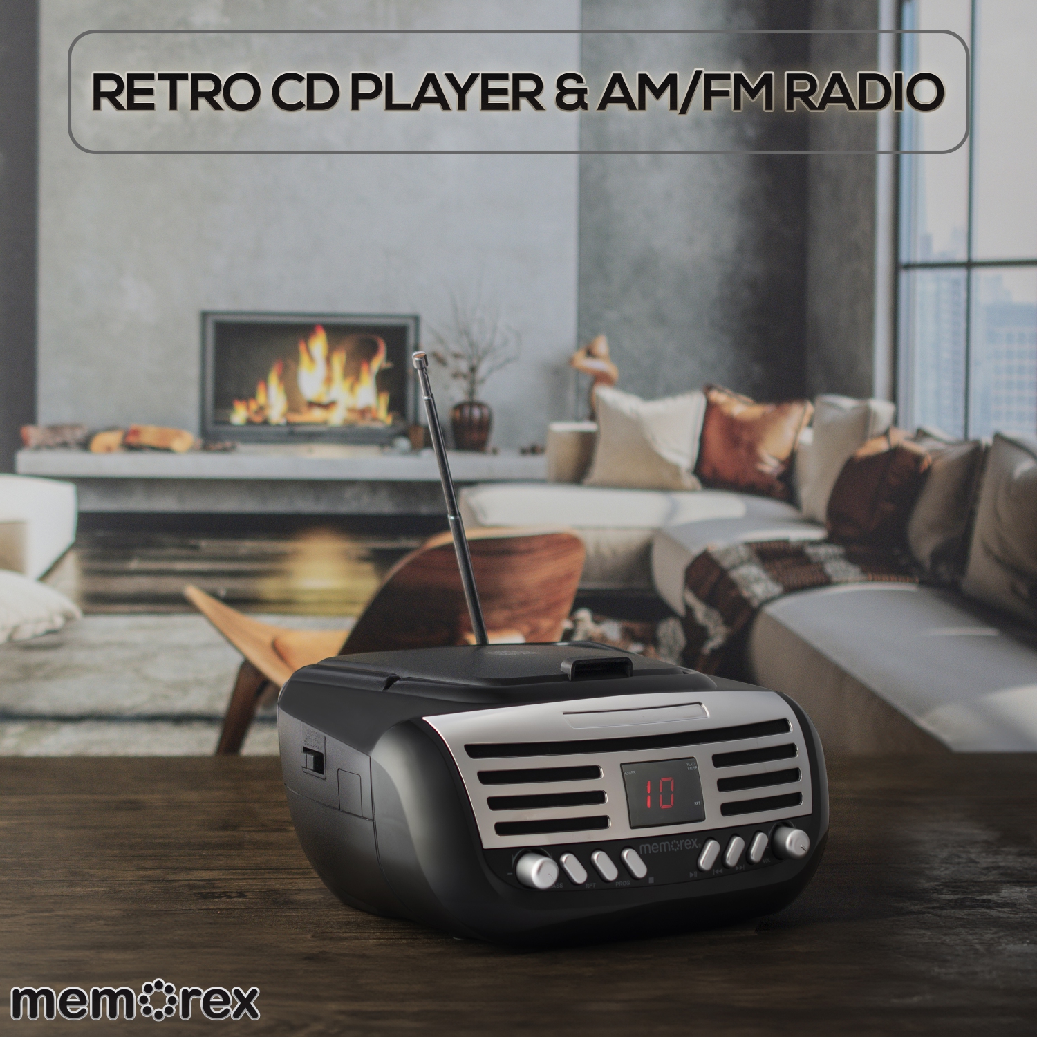 Minichaîne portative rétro CD à chargement par le haut de Memorex avec radio AM/FM stéréo en noir | Compatible CD-R/CD-RW | Écran LED | Port