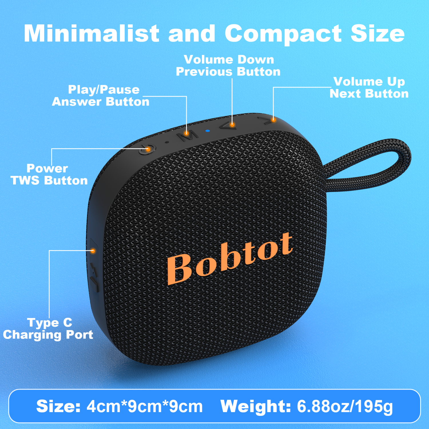 Bobtot Portable Bluetooth Wireless Speaker - IPX7 Waterproof Mini Shower Speakers with 10W Peak Loud Stereo Sound, 16 Hours Playtime, Rich Bass, TWS,