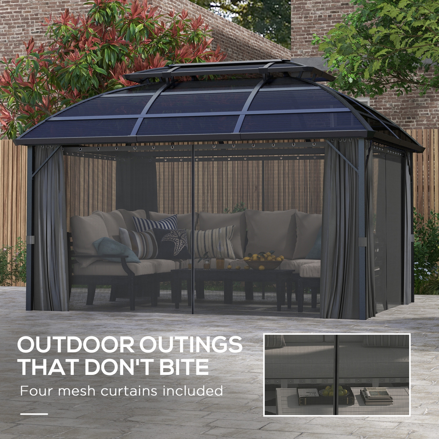 Abri de jardin à toit rigide Outsunny, toit double avec rideaux, moustiquaire et cadre en aluminium pour terrasse, jardin, pelouse, cour et terrasse,