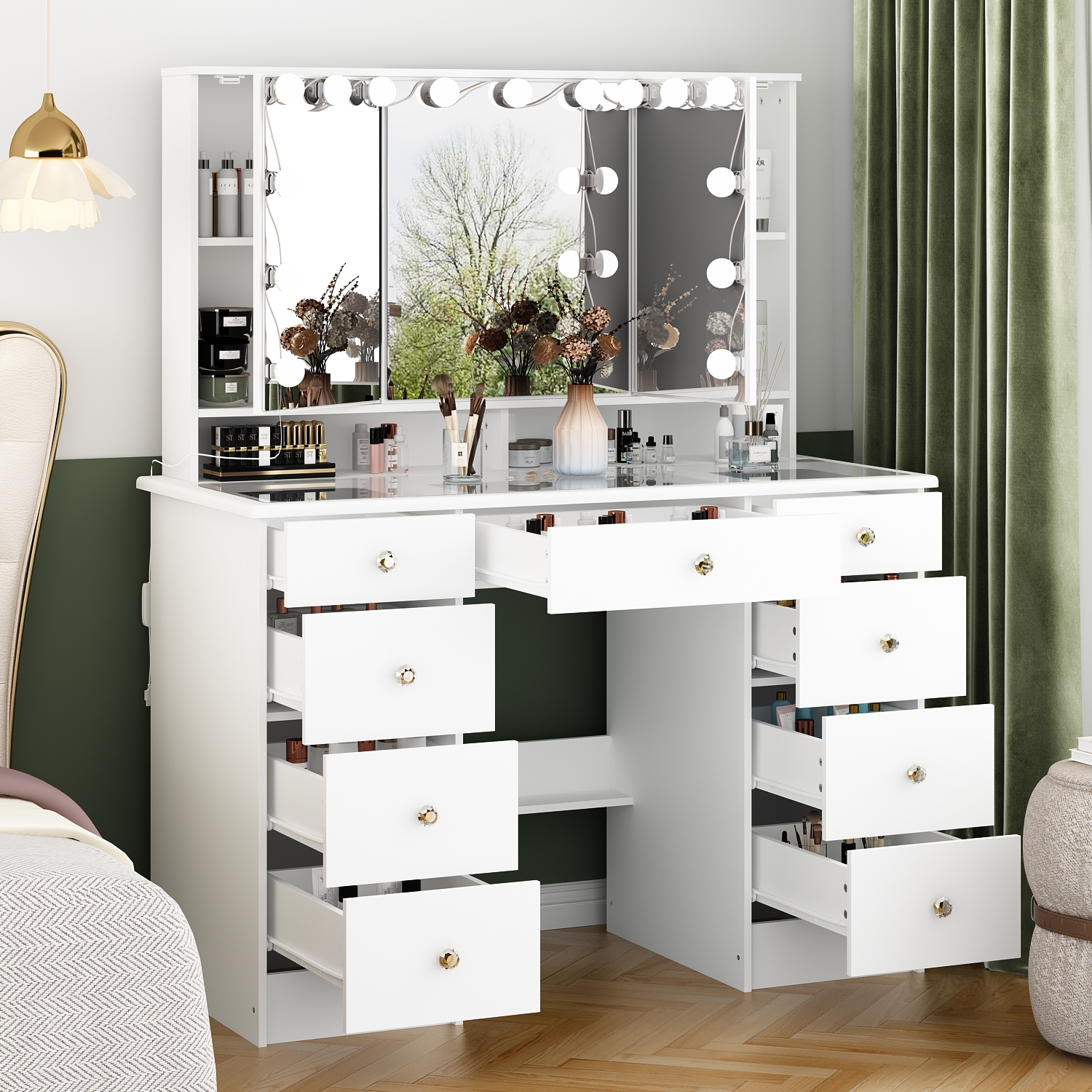 Meuble-lavabo Homsee avec miroir LED trois couleurs, 9 tiroirs et tablettes de rangement pour chambre à coucher, blanc