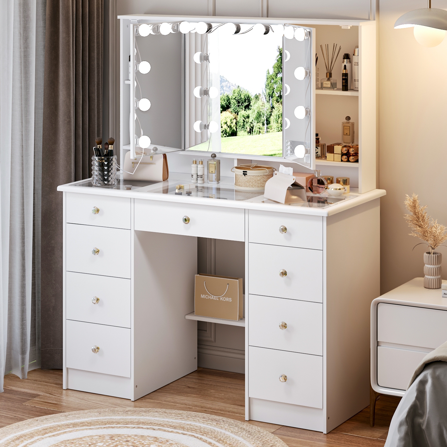 Meuble-lavabo Homsee avec miroir LED trois couleurs, 9 tiroirs et tablettes de rangement pour chambre à coucher, blanc