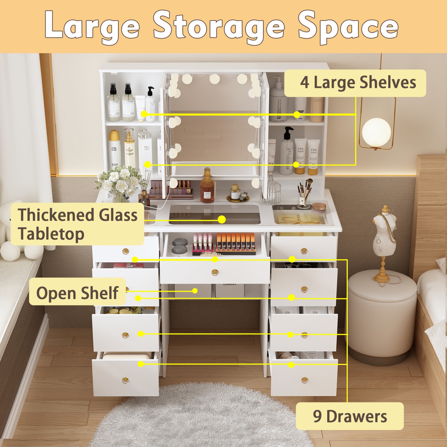Meuble-lavabo Homsee avec miroir LED trois couleurs, 9 tiroirs et tablettes de rangement pour chambre à coucher, blanc