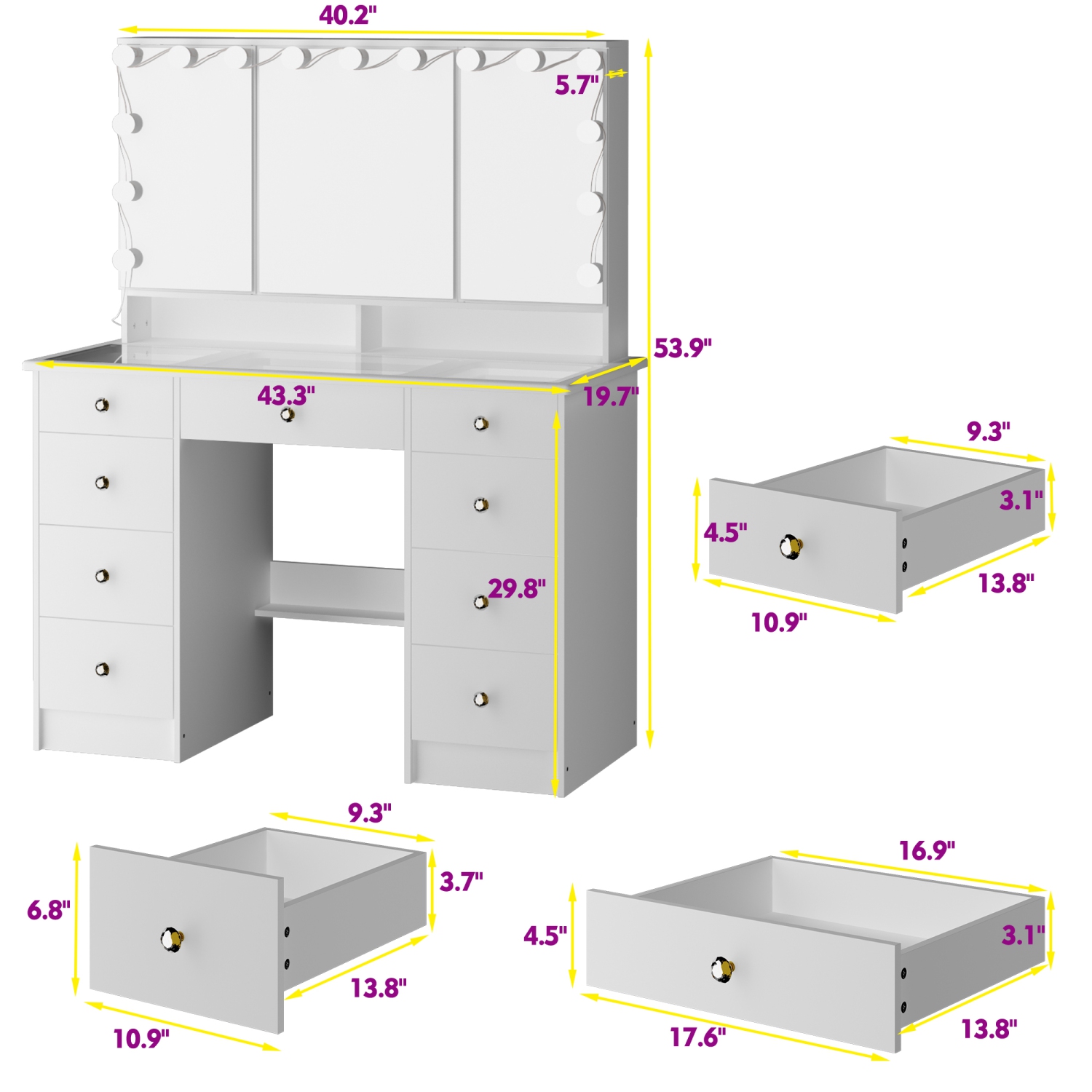Meuble-lavabo Homsee avec miroir LED trois couleurs, 9 tiroirs et tablettes de rangement pour chambre à coucher, blanc