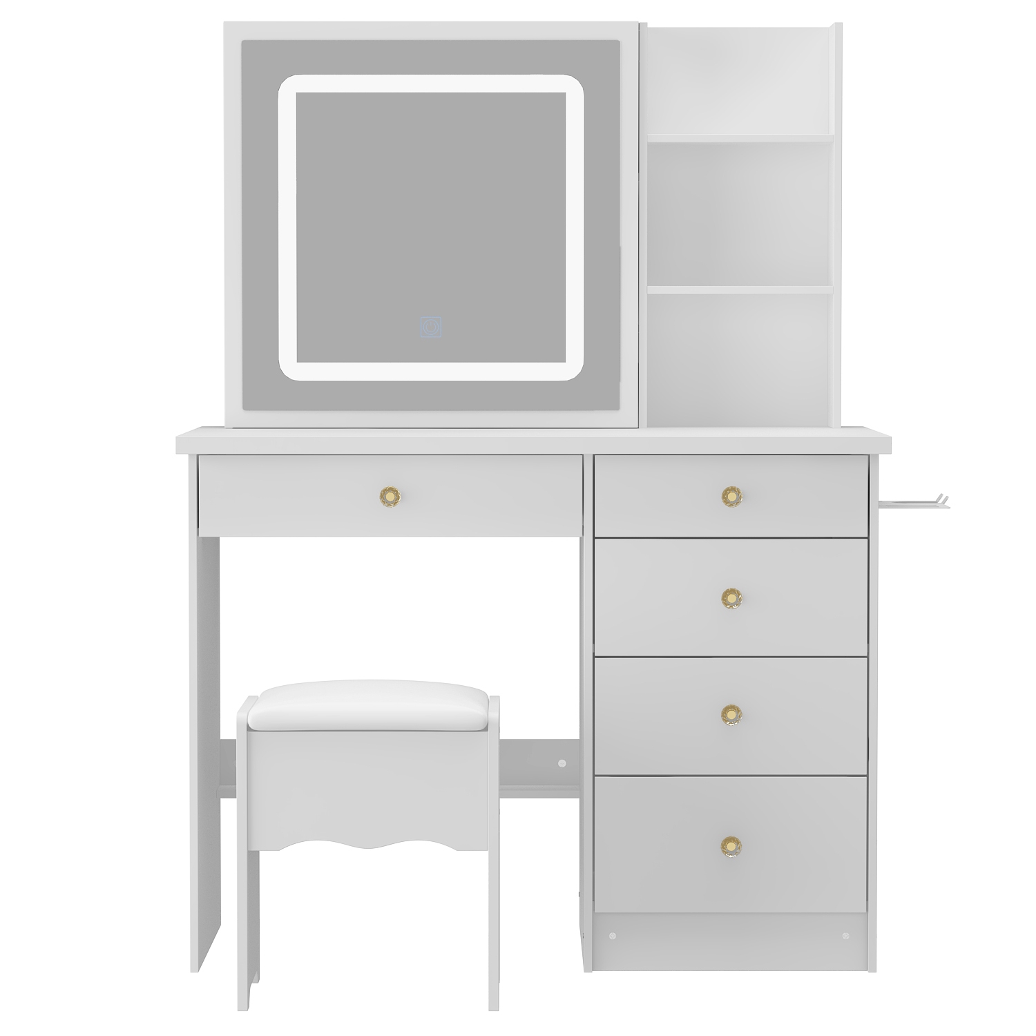 Homsee – Ensemble coiffeuse avec miroir coulissant LED, 5 tiroirs, tablettes de rangement et tabouret rembourré pour chambre à coucher, blanc