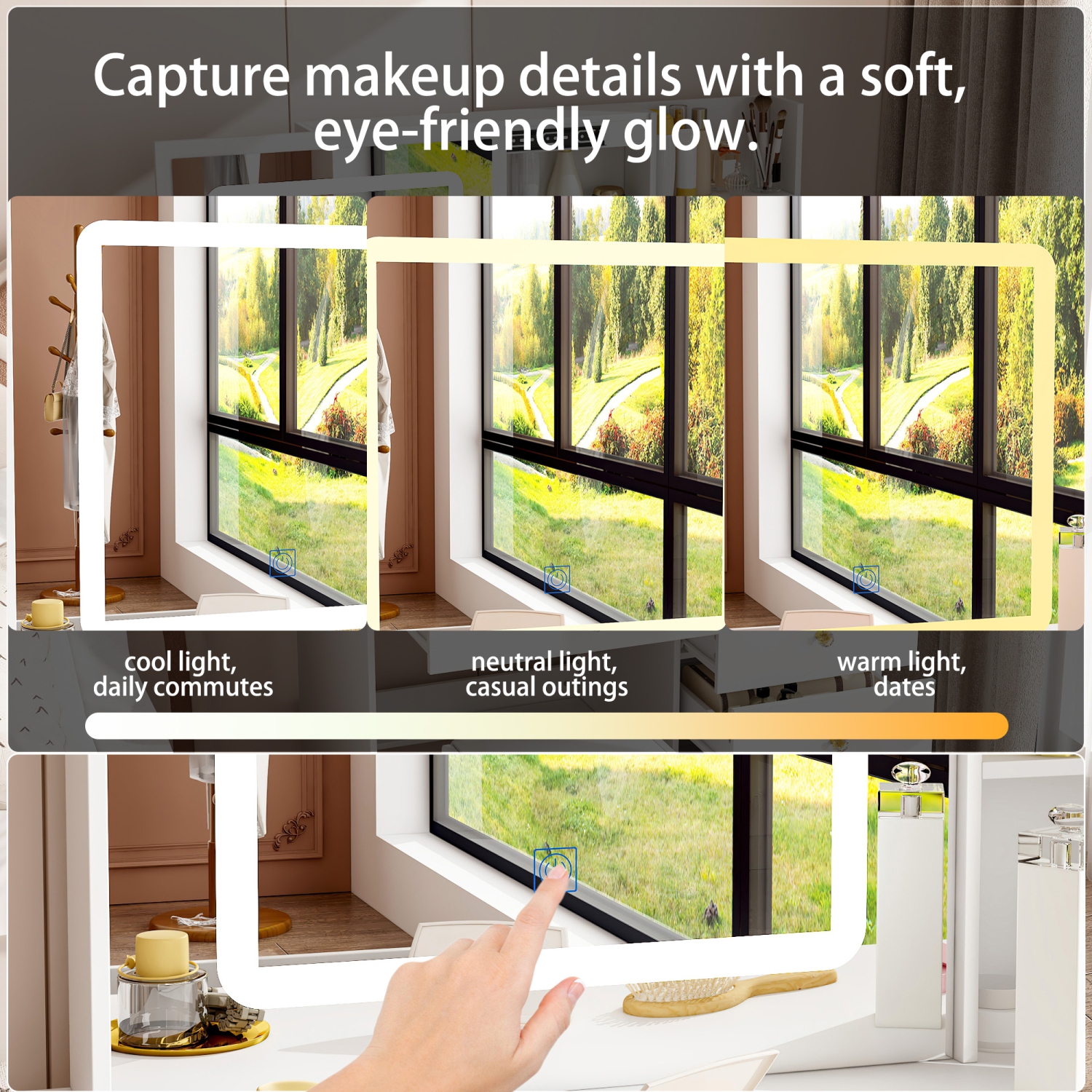 Homsee – Ensemble coiffeuse avec miroir coulissant LED, 5 tiroirs, tablettes de rangement et tabouret rembourré pour chambre à coucher, blanc