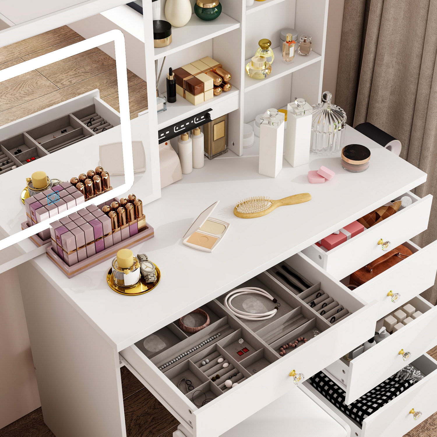 Homsee – Ensemble coiffeuse avec miroir coulissant LED, 5 tiroirs, tablettes de rangement et tabouret rembourré pour chambre à coucher, blanc