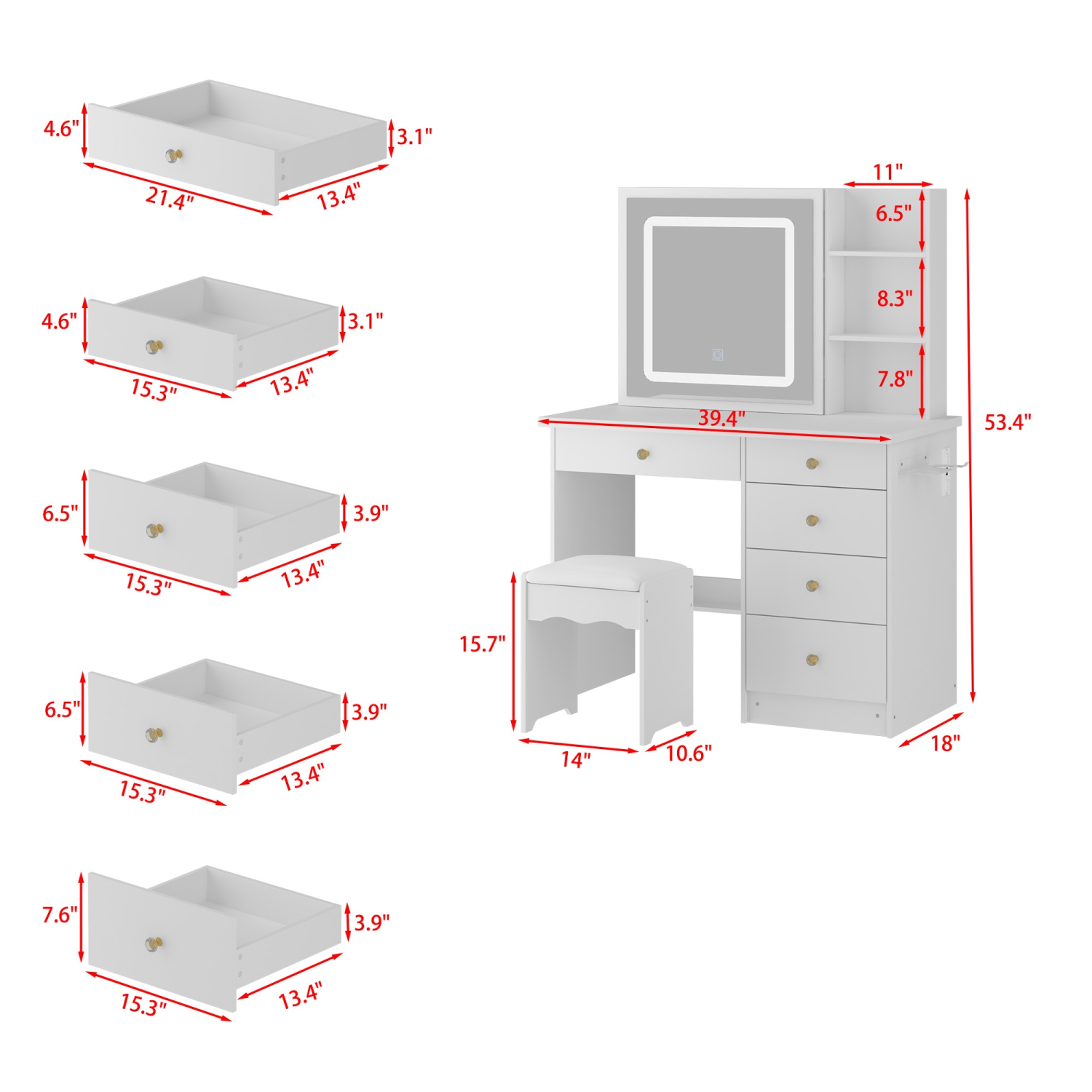 Homsee – Ensemble coiffeuse avec miroir coulissant LED, 5 tiroirs, tablettes de rangement et tabouret rembourré pour chambre à coucher, blanc