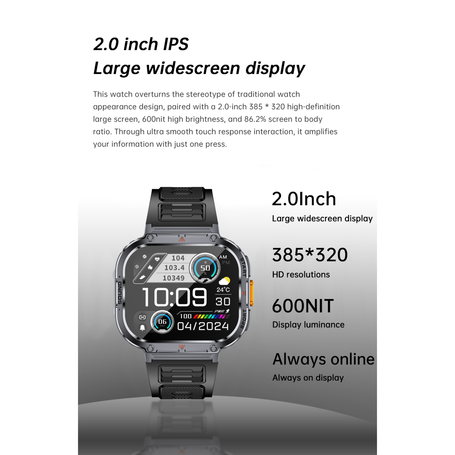 TUTT Smartwatch For Men 2.0" Square Dial Rugged Military | Health and Fitness Tracking | Flashlight | NX23 Smart Watch