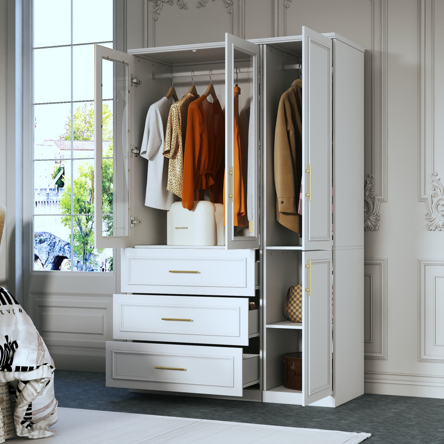 Homsee – Garde-robe multifonction avec tablettes réglables, deux tringles suspendues et tiroirs spacieux pour un rangement efficace, blanc