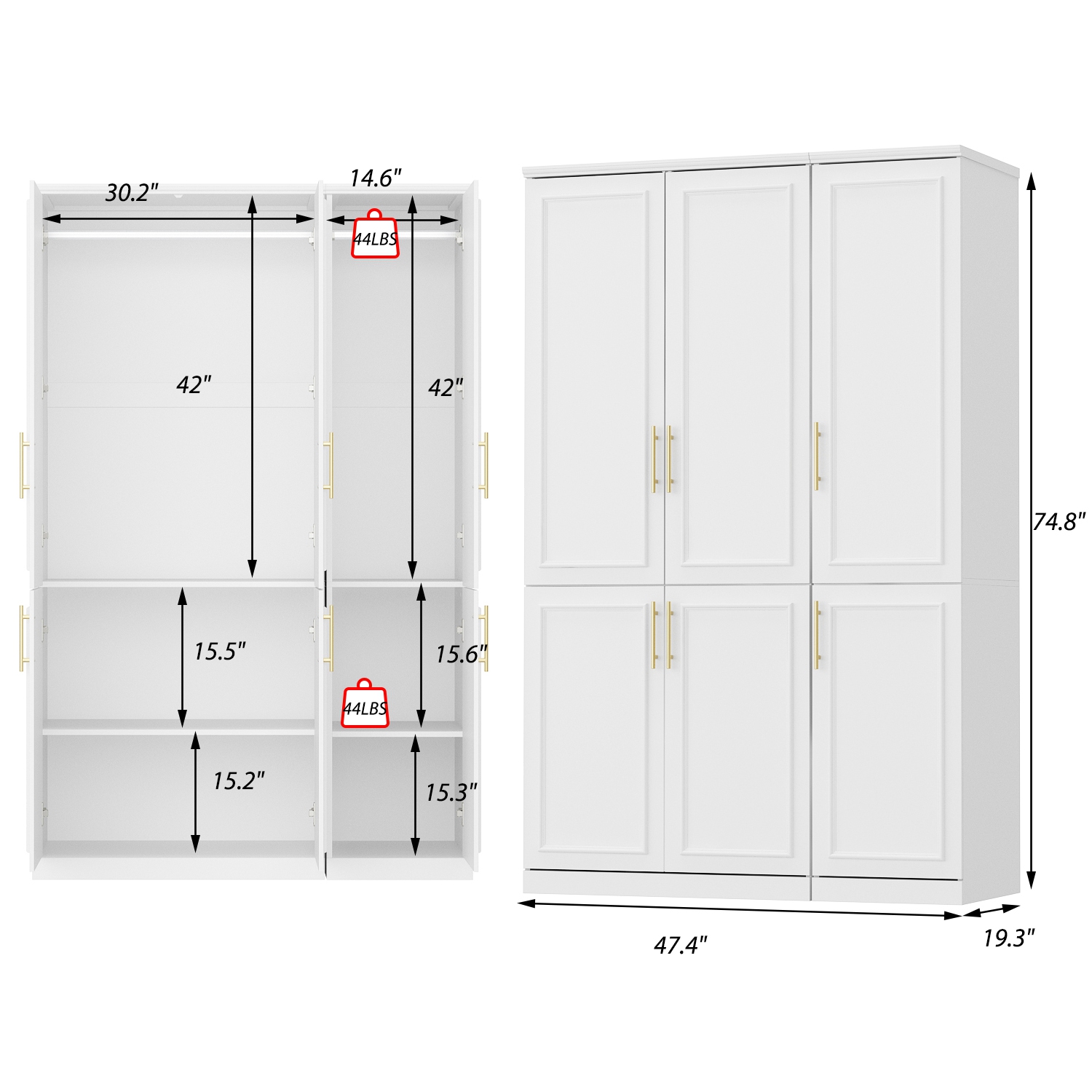 Homsee – Garde-robe polyvalente avec tablettes réglables, deux tringles suspendues et rangement multifonctionnel, blanc