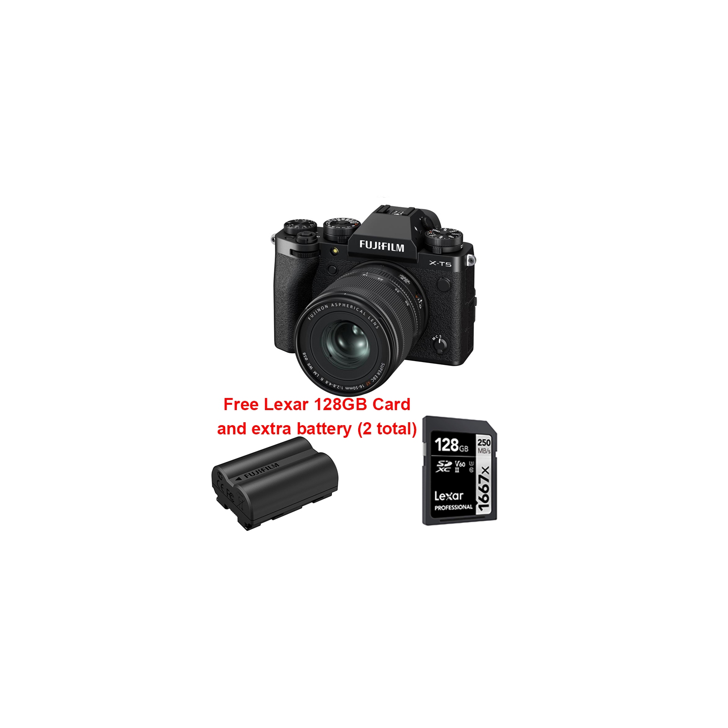 Ensemble X-T5 de Fujifilm avec objectif XF16-50&nbsp;mm f/2,8-4 LM WR noir + carte 128&nbsp;Go 1667x de Lexar + NPW235