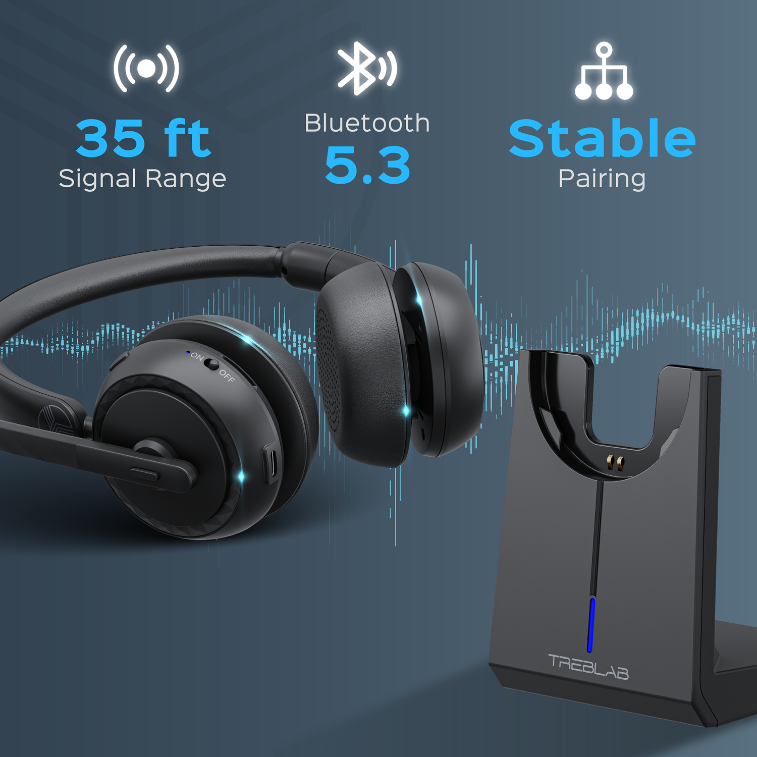 TREBLAB C7-Pro Wireless Bluetooth Headset, 45H Playtime, Bluetooth 5.3, 40mm Drivers, Type-C Fast Charging, IPX4 Waterproof, Wireless Headset with