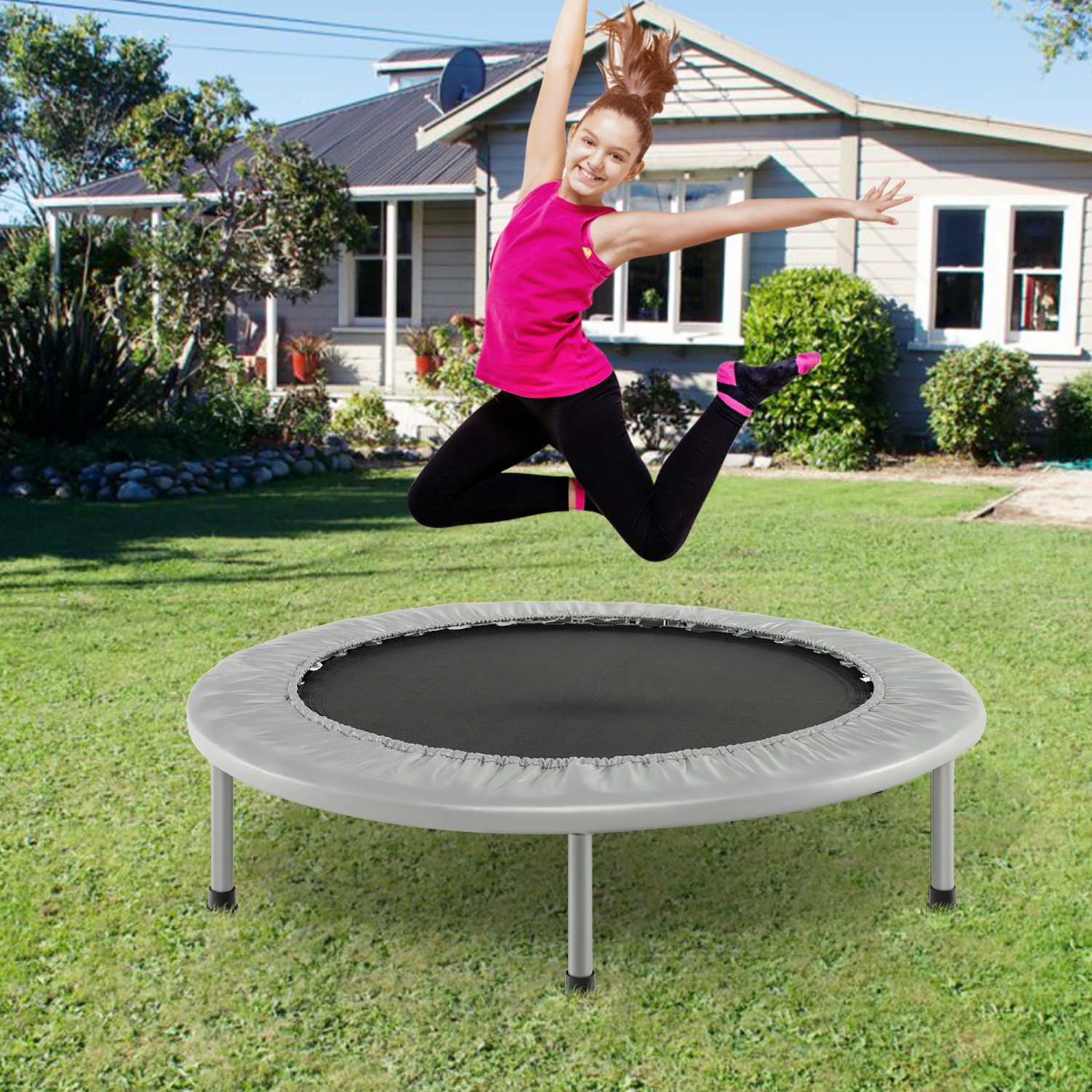 Gymax Mini Folding 36'' Trampoline Portable Recreational Fitness Rebounder Silver