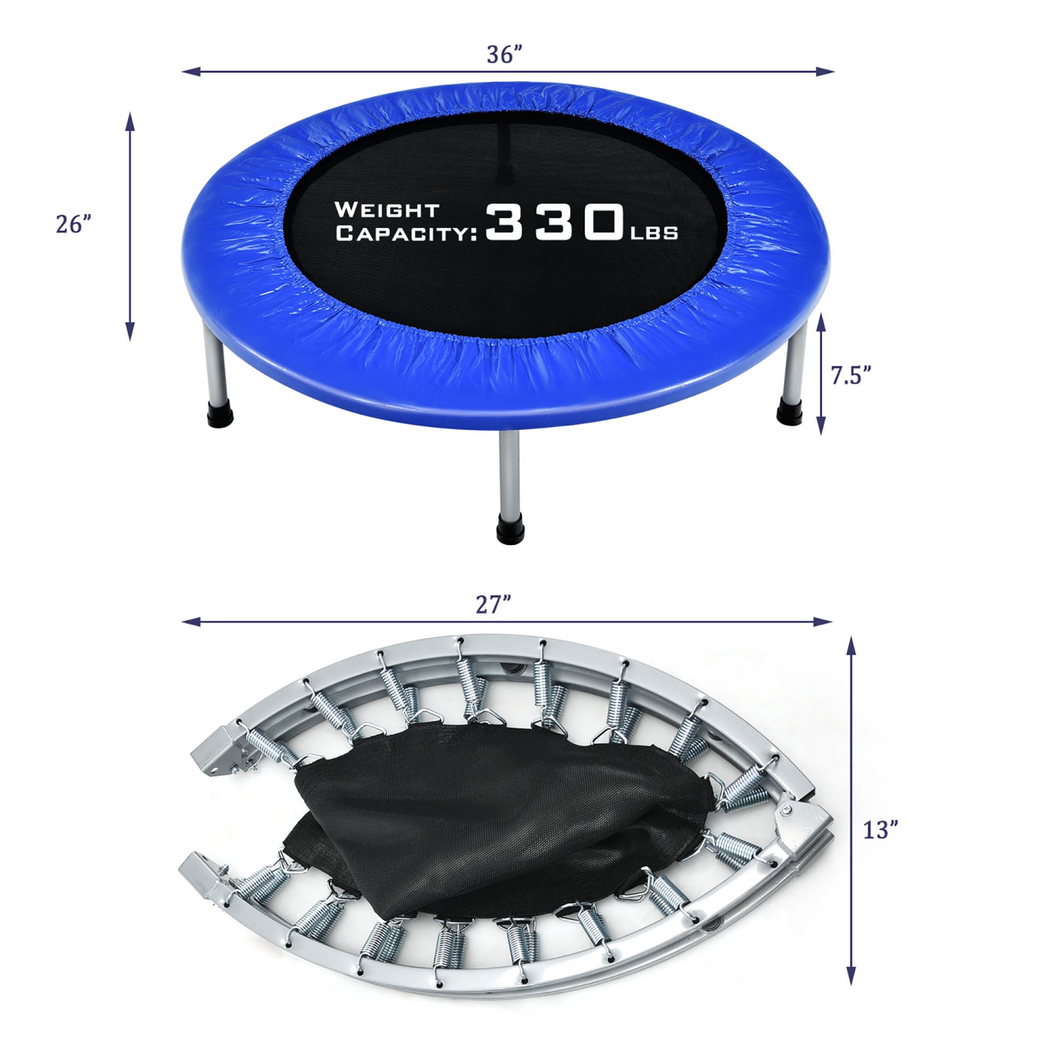 Gymax Mini Folding 36'' Trampoline Portable Recreational Fitness Rebounder Blue
