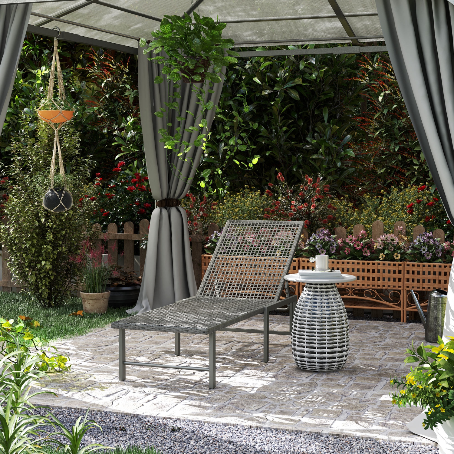 Chaise longue de jardin Outsunny en osier avec 5 dossier réglable, chaise longue inclinable en rotin et cadre en acier pour jardin sur le bord de la