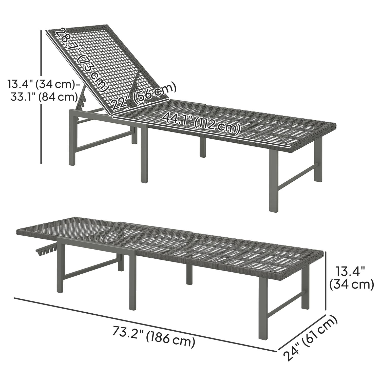 Chaise longue de jardin Outsunny en osier avec 5 dossier réglable, chaise longue inclinable en rotin et cadre en acier pour jardin sur le bord de la