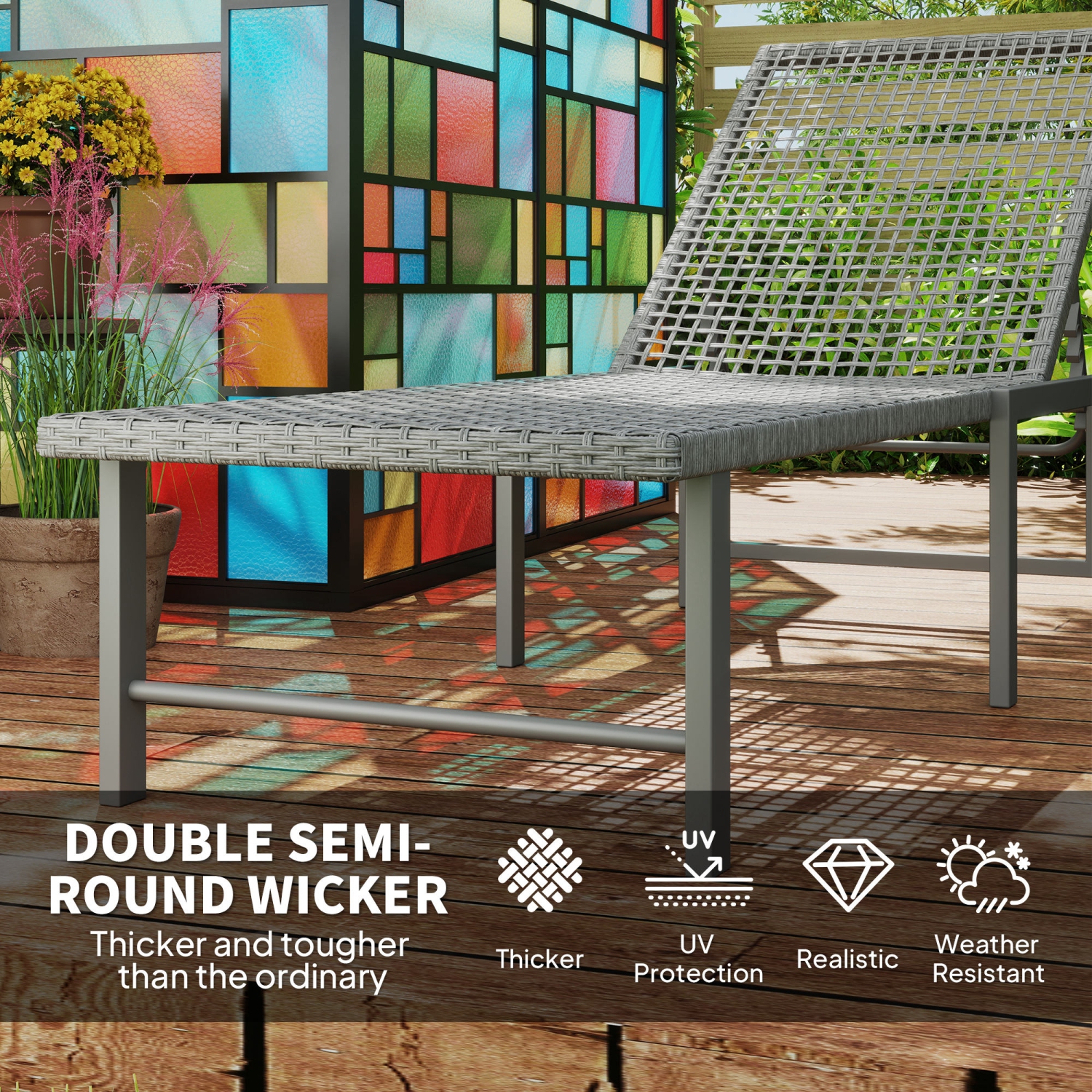 Chaise longue de jardin Outsunny en osier avec 5 dossier réglable, chaise longue inclinable en rotin et cadre en acier pour jardin sur le bord de la