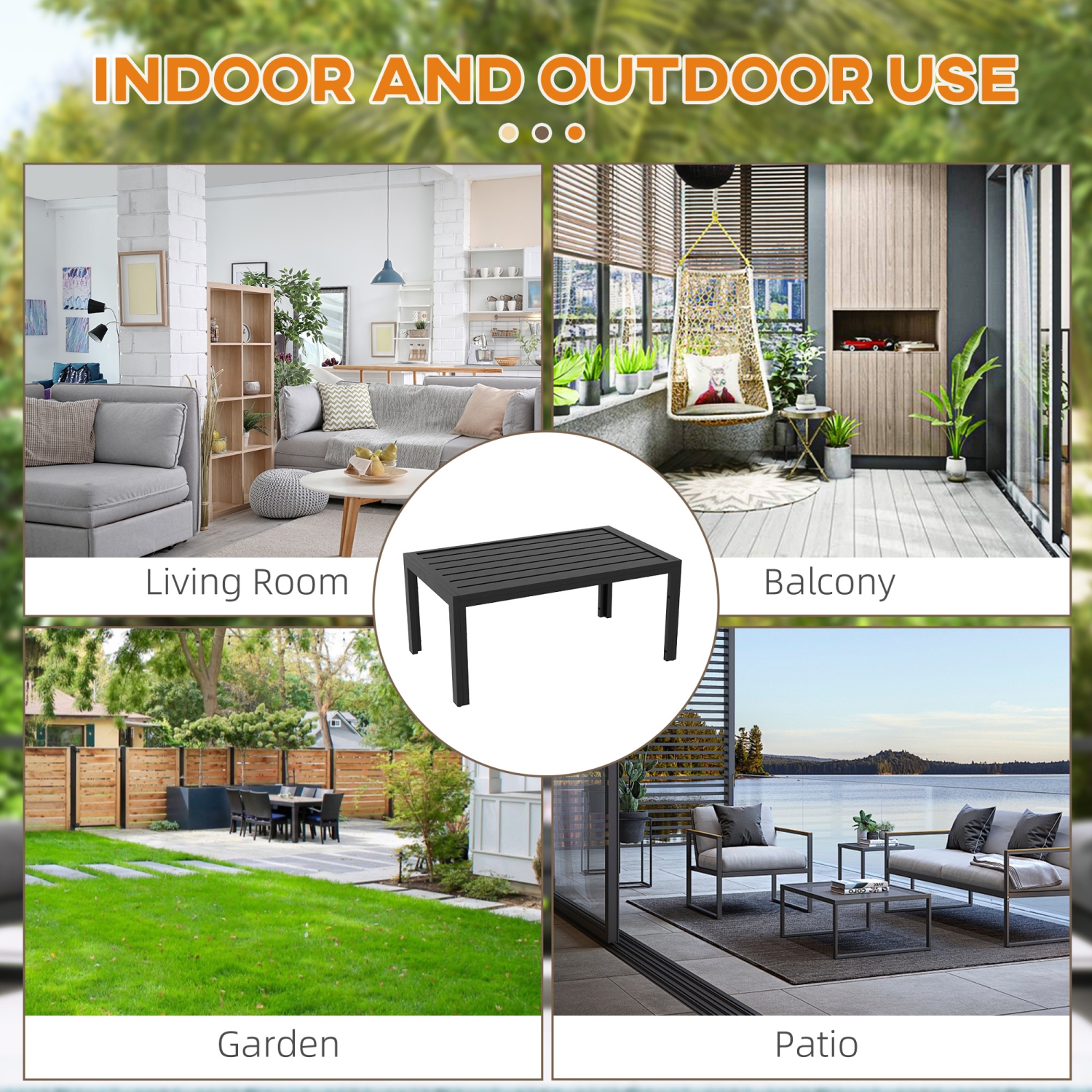 Table basse d'extérieur Outsunny, table de patio rectangulaire d'extérieur avec cadre en acier et tables en lattes pour jardin, balcon, cour,