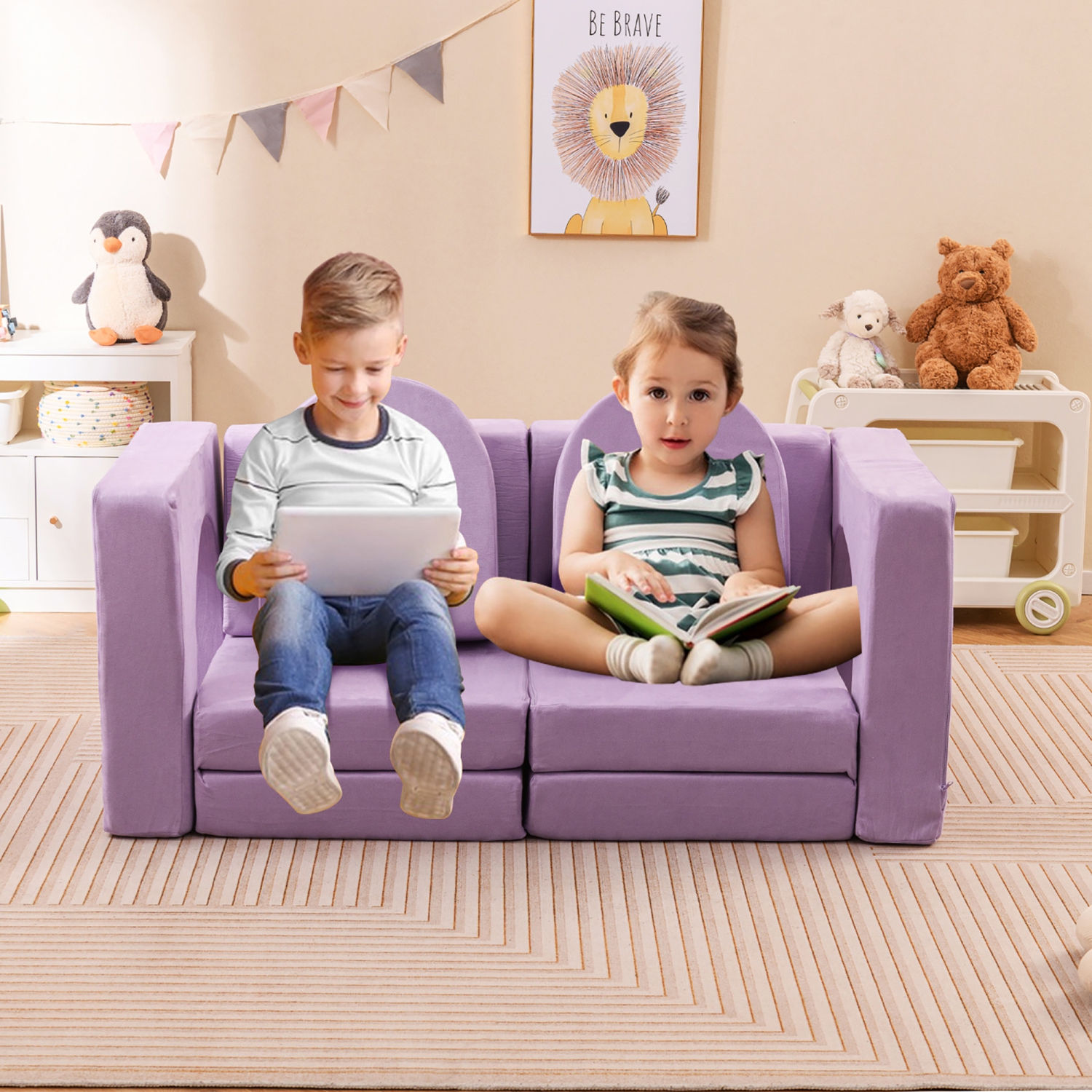 Gymax 8 PCS Modular Kids Play Couch Sofa w/ Suede Fabric Cover High-Density Foam Purple