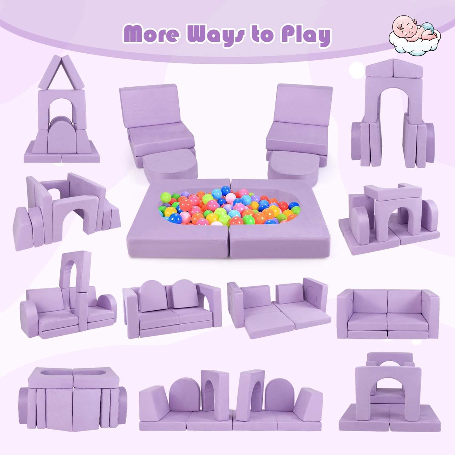 Gymax 8 PCS Modular Kids Play Couch Sofa w/ Suede Fabric Cover High-Density Foam Purple