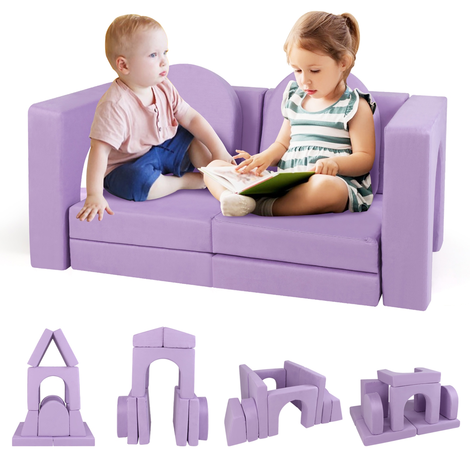 Gymax 8 PCS Modular Kids Play Couch Sofa w/ Suede Fabric Cover High-Density Foam Purple