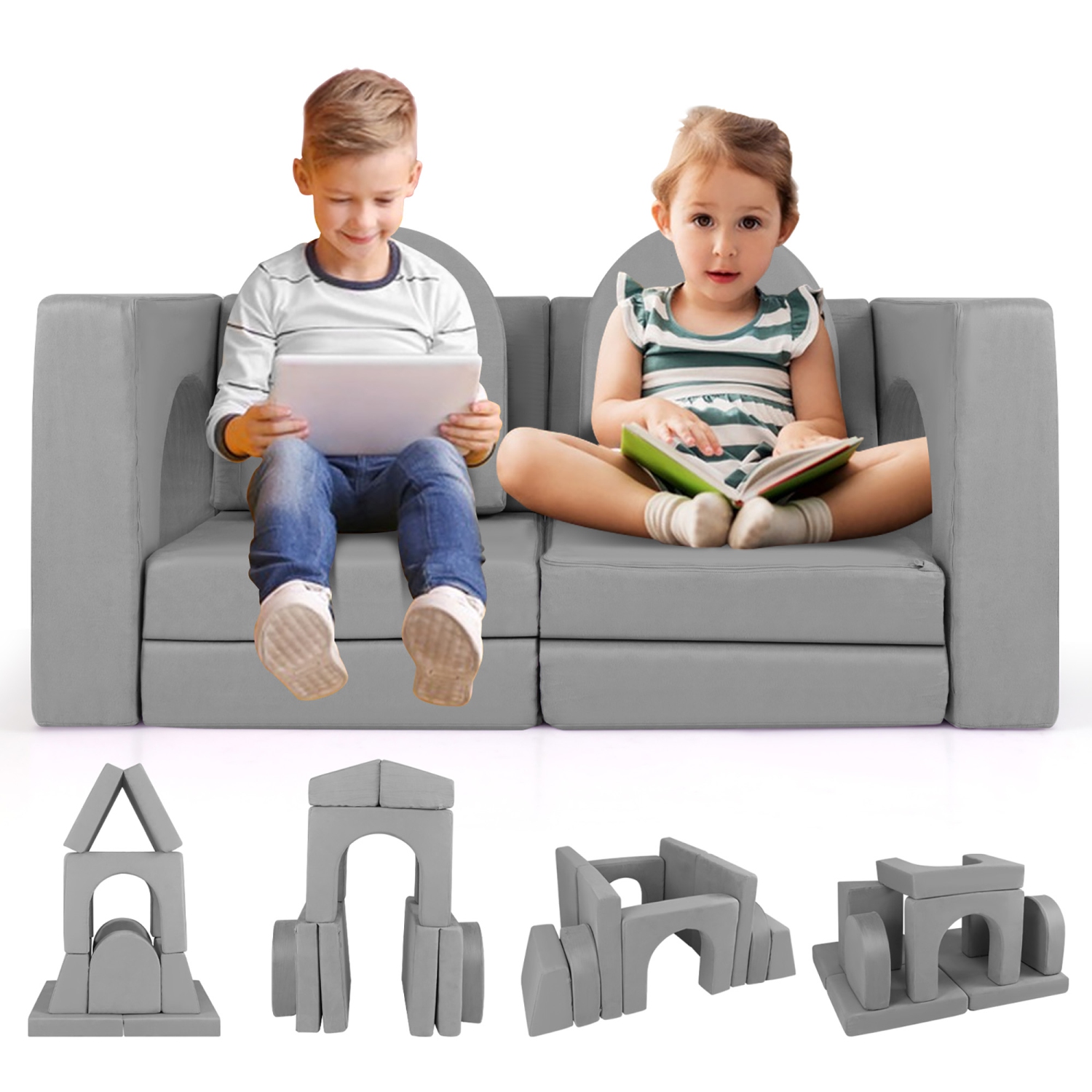 Gymax 8 PCS Modular Kids Play Couch Sofa w/ Suede Fabric Cover High-Density Foam Grey